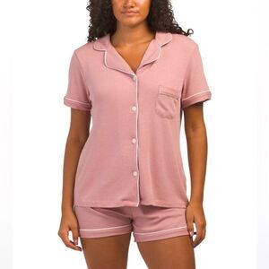 TART L-XL Pink White Waffle Knit Short Sleeve Notch Collar Top Shorts PJ Set